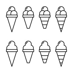 Vector illustrations of ice cream in various forms including cones, popsicle, and cup. Ice cream Icon Set. Ice Cream Vector Icon in line style design.