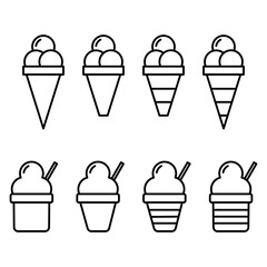 Vector illustrations of ice cream in various forms including cones, popsicle, and cup. Ice cream Icon Set. Ice Cream Vector Icon in line style design.