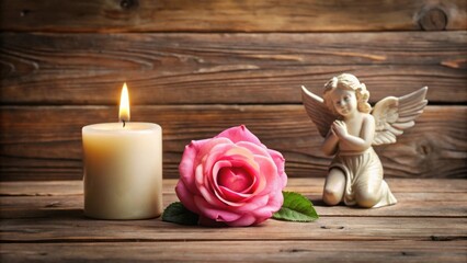 A lit candle, a pink rose, and a cherubic angel figurine arranged on rustic wooden surface, creating a serene and contemplative scene.