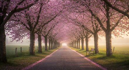 Blooming Cherry Trees Line Road with Bench in Spring Landscape