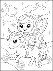 Black and white fairy coloring pages for kids. Children's coloring books with cute cartoon fairy and unicorn characters, fun and educational materials for kindergarten.
