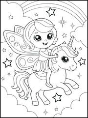 Black and white fairy coloring pages for kids. Children's coloring books with cute cartoon fairy and unicorn characters, fun and educational materials for kindergarten.
