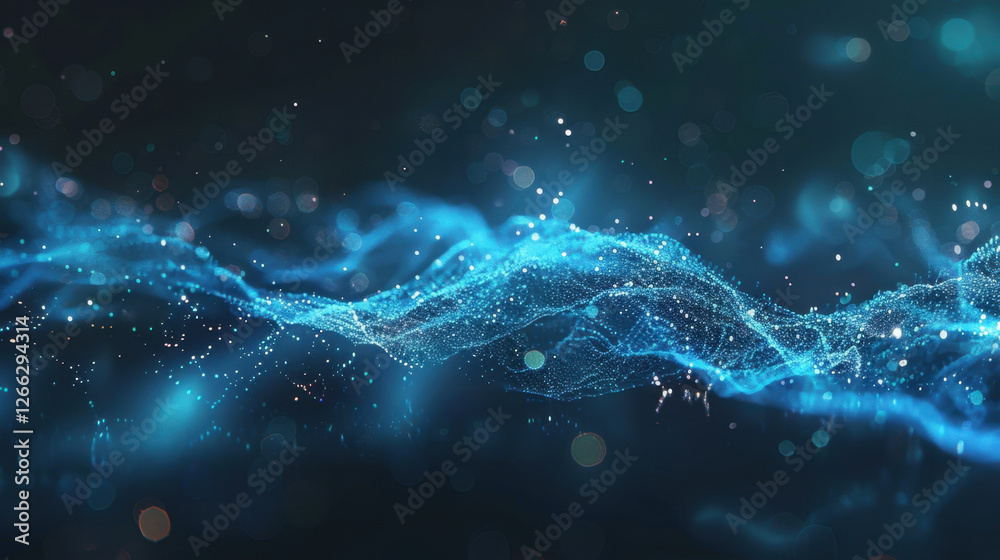 Poster mesmerizing abstract representation of flowing blue waves with sparkling particles, creating sense o