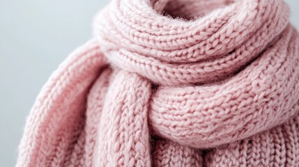 Pink knitted scarf, textured closeup, neutral background, winter fashion