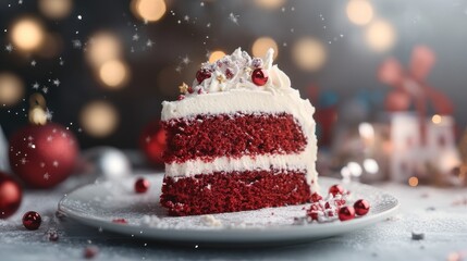 Delicious red velvet cake slice, creamy frosting, festive sprinkles. Perfect for holiday baking blogs, cards, and dessert menus.