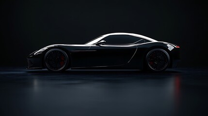 Sleek black sports car in profile view, dark background.