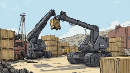 Cranes loading crates, desert port, industry