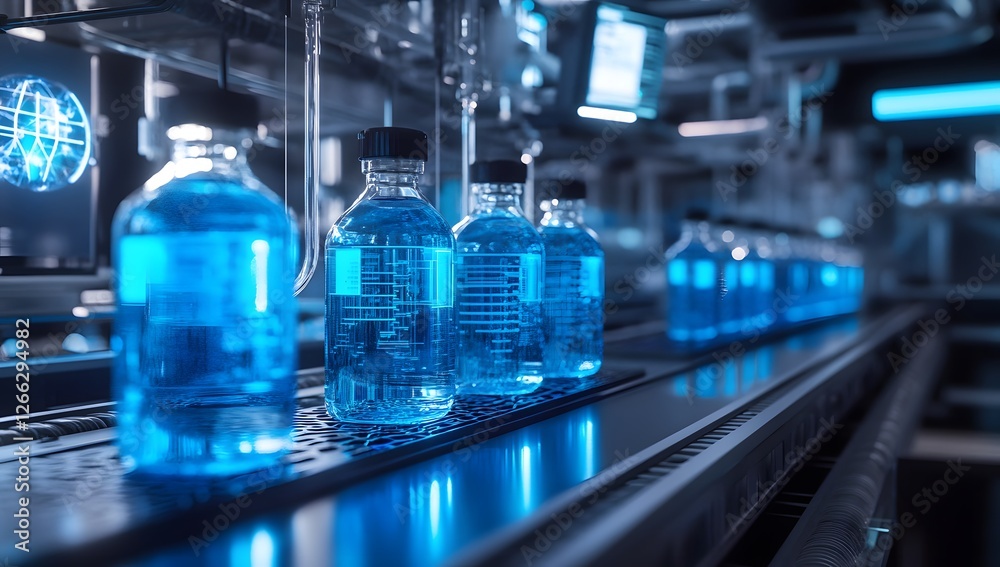 Poster Automated lab bottles on conveyor, futuristic production