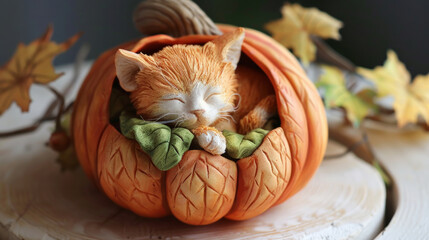 Fototapeta premium charming clay representation of kitten curled up in pumpkin, surrounded by autumn leaves, evokes warmth and coziness