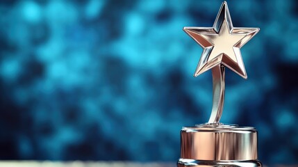 Silver star award on a blurred blue background