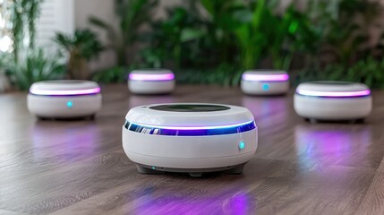 Smart Robots Cleaning Home Floor, Futuristic Technology, Modern Interior