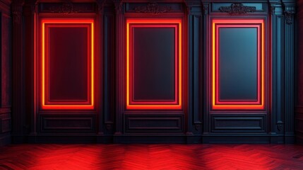 Dark, ornate room with glowing red frames