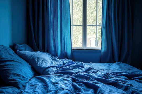 Unmade blue linen bed near window with blue curtains. Perfect for websites about sleep, relaxation, or serenity.