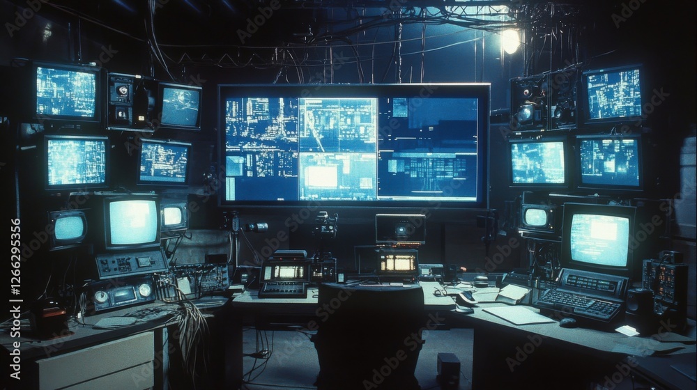 Aufkleber multiple screens displaying various data and complex equipment create a high tech environment in a v