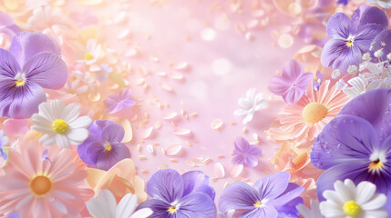 Obraz premium vibrant arrangement of violets and daisies creates charming floral backdrop, evoking sense of tranquility and beauty