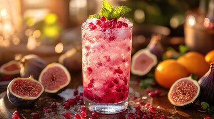 Refreshing cocktail with pomegranate and figs, garnished with mint, in a vibrant kitchen setting