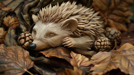 Obraz premium clay sculpted hedgehog curled up in bed of leaves, surrounded by pine cones, evokes sense of tranquility and nature beauty