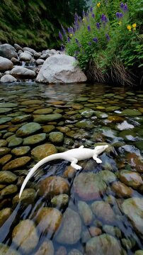 White salamander gliding through rocky stream in lush forest setting with vibrant wildflowers