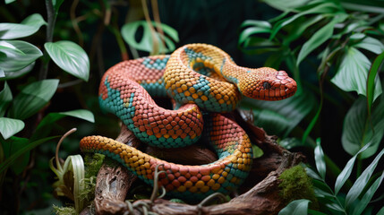 Fototapeta premium colorful clay model of snake coiled around branch, surrounded by lush greenery, showcases vibrant colors and intricate details