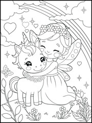 Black and white fairy coloring pages for kids. Children's coloring books with cute cartoon fairy and unicorn characters, fun and educational materials for kindergarten.
