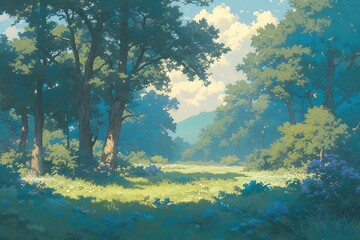 Sunlit forest clearing with wildflowers, distant hills