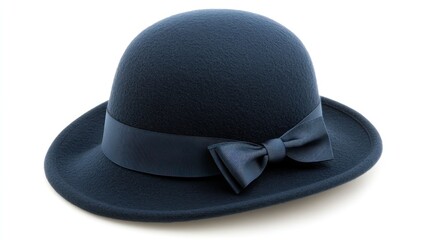 Navy cloche hat, bow, white background, fashion