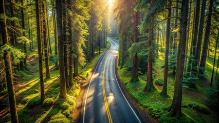 Fototapeta premium Serene Winding Road Through Sun-Dappled Forest, Trees Casting Long Shadows on Lush Green Undergrowth