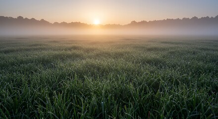 Fototapeta premium Sunrise Over Foggy Meadow with Dew Drops on Grass at Dawn