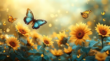 Colorful butterflies fluttering among vibrant sunflowers in a sunlit garden, creating a serene atmosphere © Visual