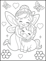 Black and white fairy coloring pages for kids. Children's coloring books with cute cartoon fairy and unicorn characters, fun and educational materials for kindergarten.
