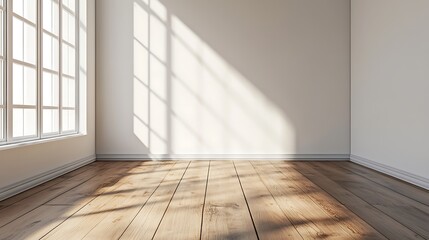 Sunlit empty room with hardwood floor and large window.