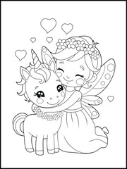 Black and white fairy coloring pages for kids. Children's coloring books with cute cartoon fairy and unicorn characters, fun and educational materials for kindergarten.
