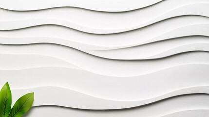 Obraz premium Smooth white abstract background with gentle curves and green leaves, creating serene and modern atmosphere. Ideal for design and nature themes