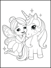 Black and white fairy coloring pages for kids. Children's coloring books with cute cartoon fairy and unicorn characters, fun and educational materials for kindergarten.
