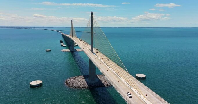 Sunshine Skyway Bridge in Florida, USA. Driving traffic over Tampa Bay