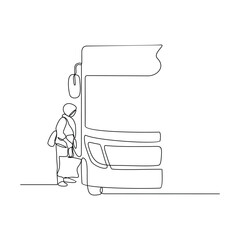 One continuous line drawing of bus station activity vector design illustration. Land transportation design in simple linear style concept. Bus, driver and tourist activity in the bus station for asset