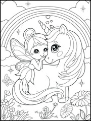 Black and white fairy coloring pages for kids. Children's coloring books with cute cartoon fairy and unicorn characters, fun and educational materials for kindergarten.
