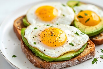 Multigrain toast with avocado and eggs sprinkled with herbs.