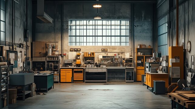 Spacious industrial workshop interior, vintage tools and equipment. Ideal for industrial, manufacturing, or repair contexts.