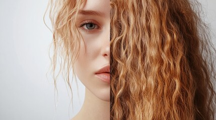 Naklejka premium Comparison of healthy smooth hair and brittle damaged strands showcasing the effects of hair care. Generative AI