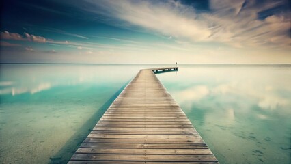 Obraz premium Serene Wooden Dock Extending into Calm, Teal Waters Under a Peaceful Sky