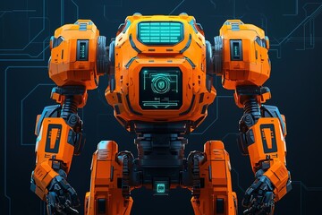 Fototapeta premium A futuristic orange robot with a digital interface, showcasing advanced technology and a sleek design against a dark background.