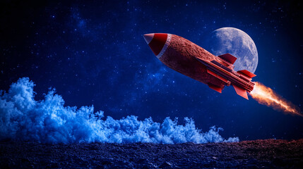 Obraz premium rocket launches into starry night sky, leaving trail of fire and smoke. moon glows brightly in background, creating sense of adventure and exploration
