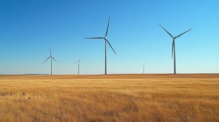 Wind turbines stand tall in a golden field under a clear blue sky.