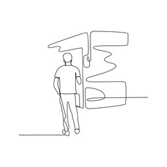 One continuous line drawing of bus station activity vector design illustration. Land transportation design in simple linear style concept. Bus, driver and tourist activity in the bus station for asset