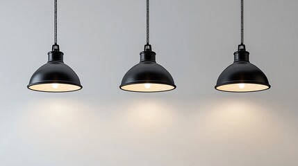 Three black pendant lights illuminate a minimalist white wall. (1)