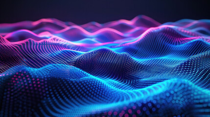 Digital waves in vibrant blue and pink colors create mesmerizing visual effect, resembling futuristic landscape. flowing patterns evoke sense of depth and movement