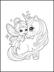 Black and white fairy coloring pages for kids. Children's coloring books with cute cartoon fairy and unicorn characters, fun and educational materials for kindergarten.
