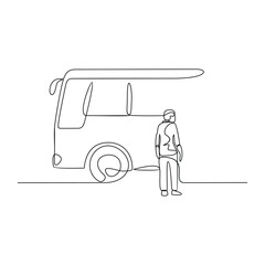 One continuous line drawing of bus station activity vector design illustration. Land transportation design in simple linear style concept. Bus, driver and tourist activity in the bus station for asset