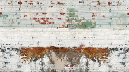 weathered brick wall with peeling paint and rust stains, showcasing mix of colors and textures that evoke sense of history and decay